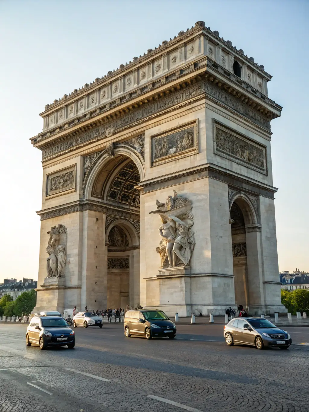 A captivating photo of the Arc de Triomphe, highlighting its intricate sculptures and grand scale.