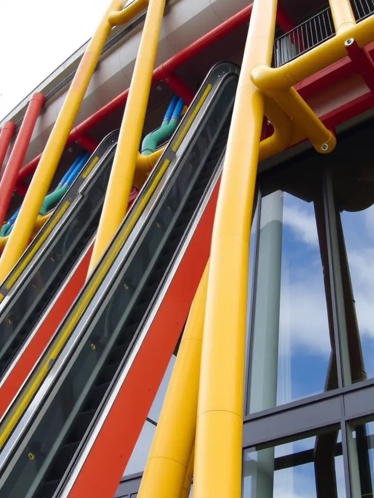 A detailed shot of a famous architectural element within the Centre Pompidou, such as its external escalators or colorful pipes, emphasizing the building's unique design and functionality.