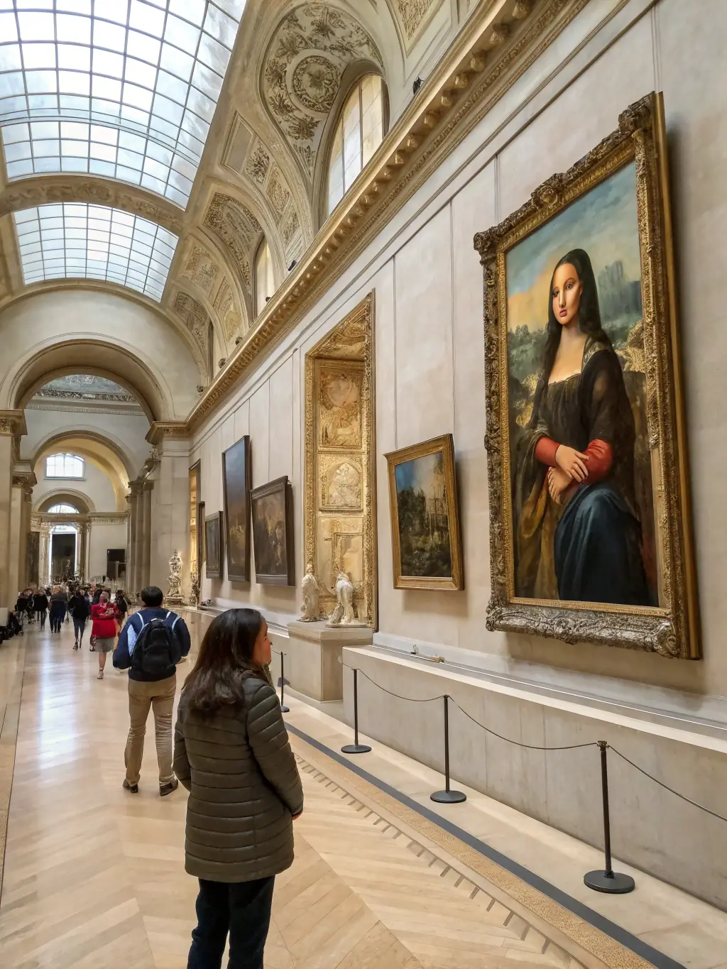 A high-quality photograph of the Mona Lisa behind protective glass in the Louvre Museum, capturing the enigmatic smile and the crowd of admirers.