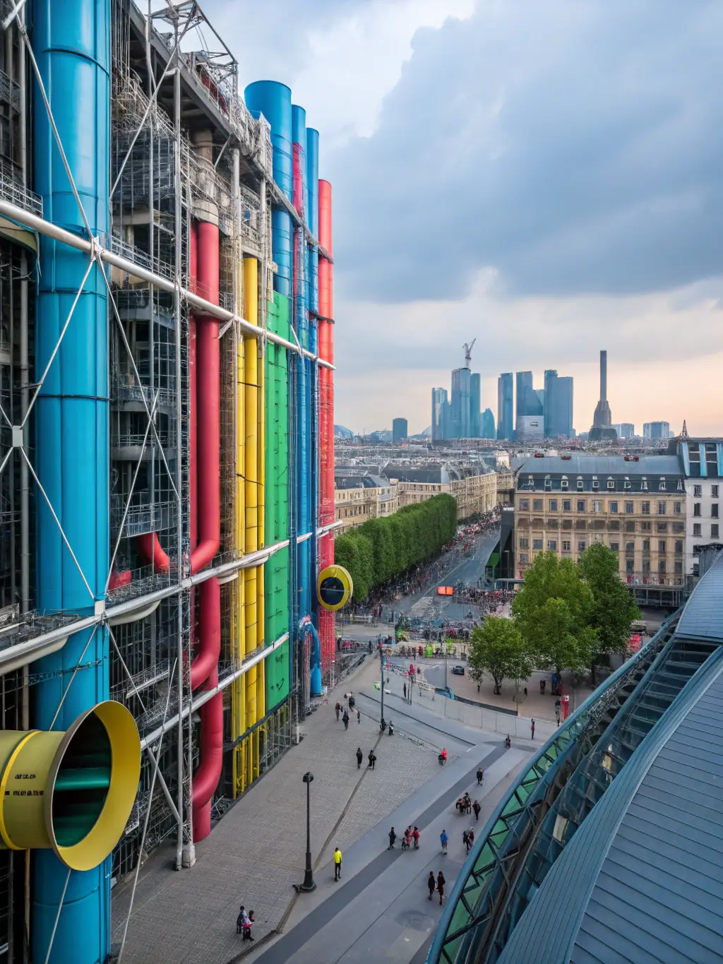 A vibrant photograph showcasing a section of the Centre Pompidou's modern art collection, featuring colorful abstract paintings and sculptures, capturing the energy and innovation of the era.