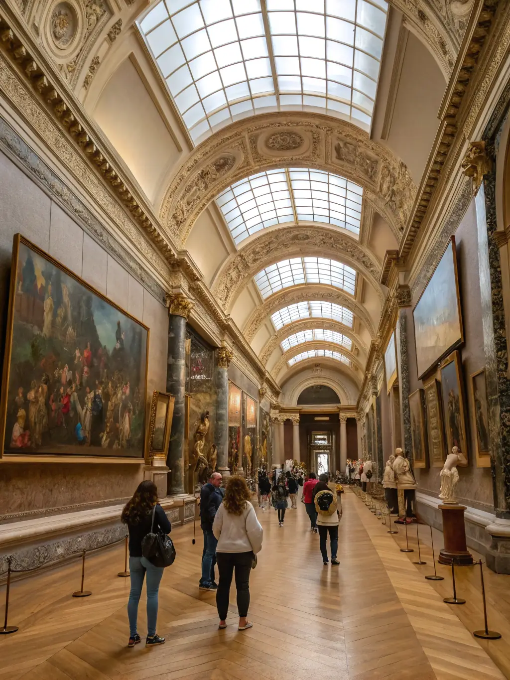 A photograph of the Musée d'Orsay's grand hall, showcasing Auguste Renoir's 'Bal du moulin de la Galette' surrounded by visitors admiring the painting's lively depiction of a Parisian dance hall.