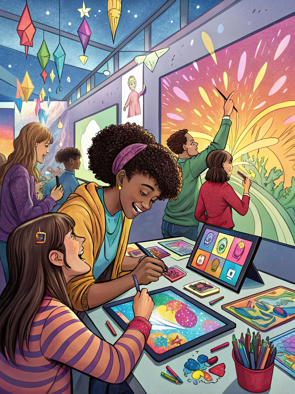 A captivating image of a temporary exhibition at the Centre Pompidou, featuring interactive installations and multimedia displays, attracting a diverse audience of art enthusiasts.